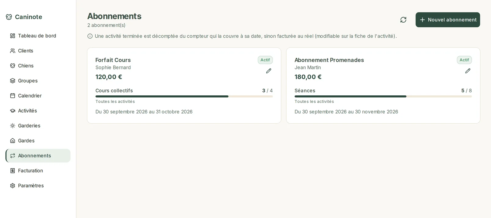 Abonnements clients avec leurs compteurs de séances et leurs dates de validité