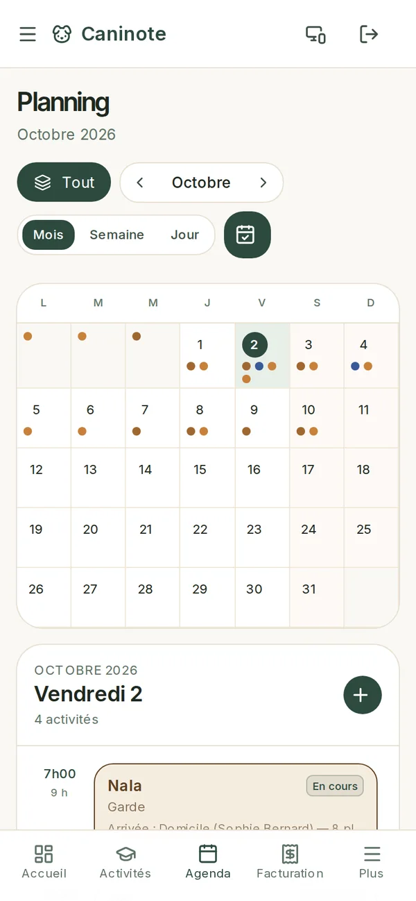 Agenda de Caninote sur téléphone